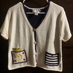Mia Nola Cream Knit Button-Front Cardigan • Cute Embroidered Pockets • Size L